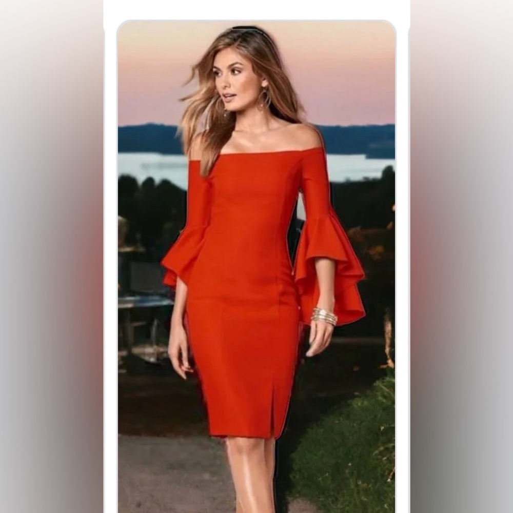 Venus, size 16, bright orange, off the shoulder bell sleeve dress